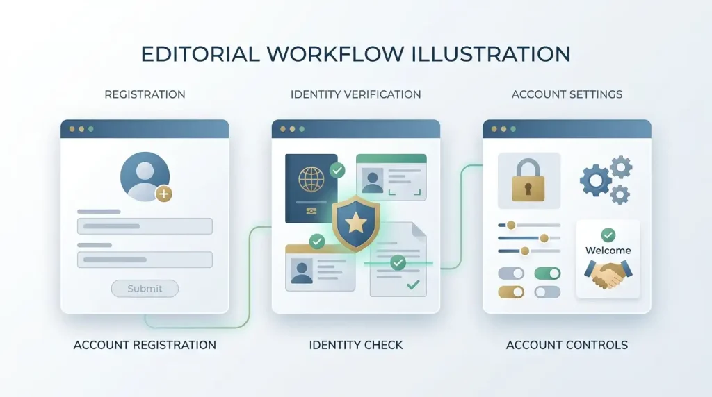 Editorial illustration of an account registration process with sign-up, identity check and account controls