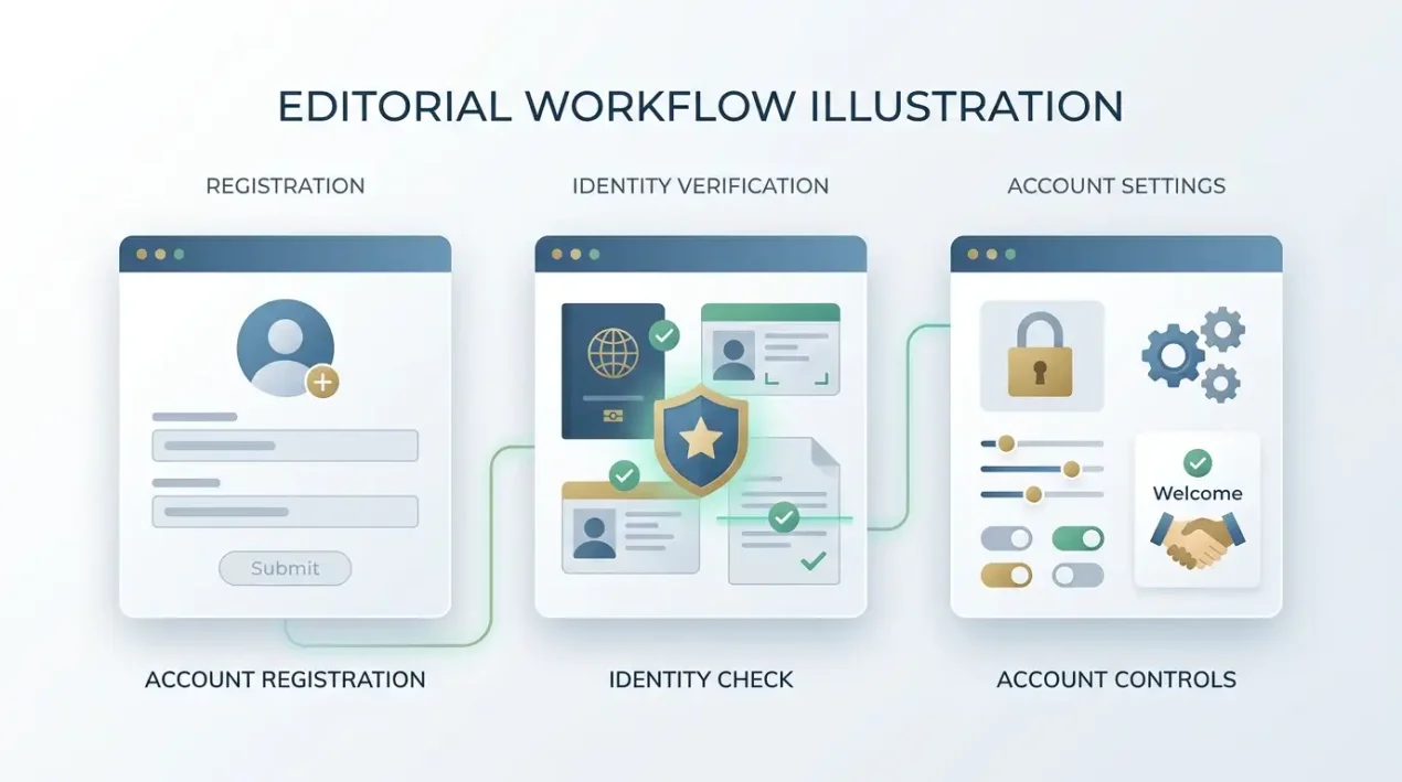 Editorial illustration of an account registration process with sign-up, identity check and account controls