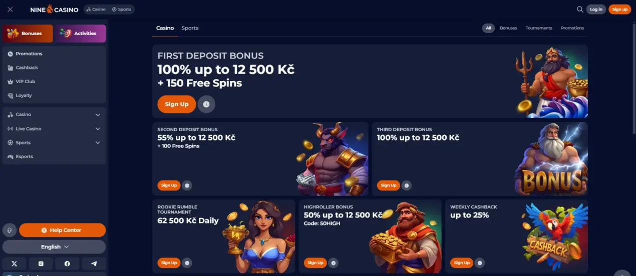 Current NineCasino promotions page showing the welcome package