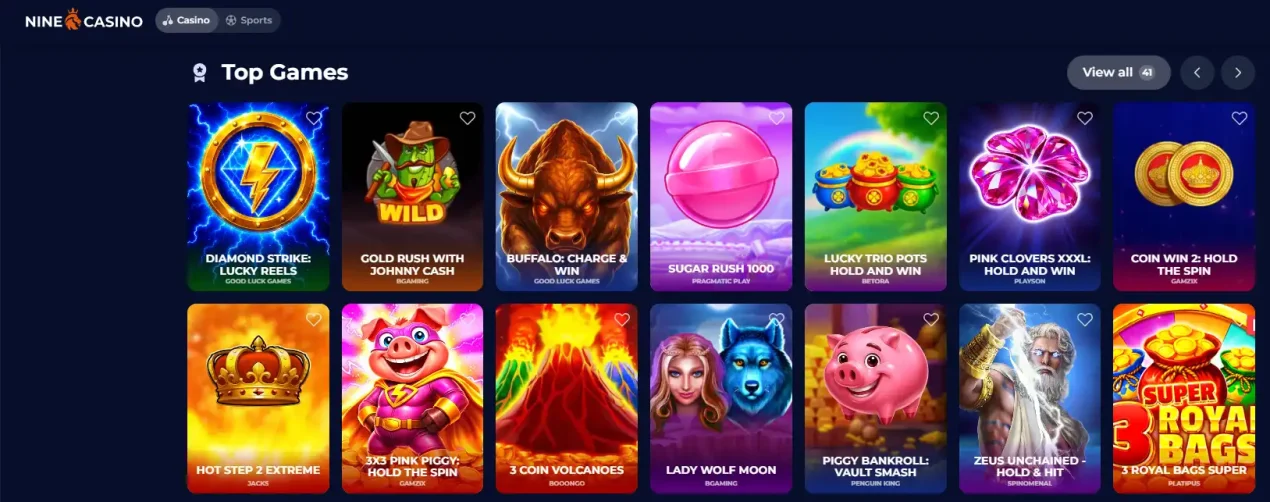 NineCasino game lobby showing game categories and provider navigation