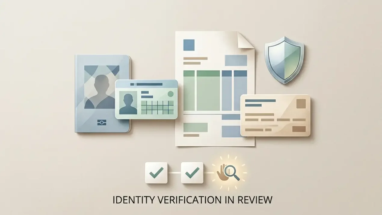 Editorial identity verification checklist showing ID, proof of address and a document review stage