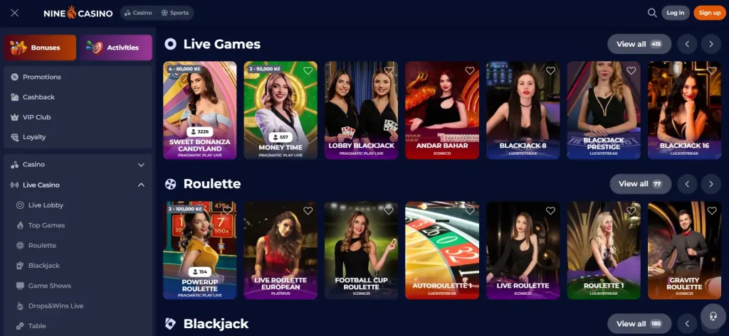 NineCasino live casino lobby showing real live-dealer game tiles and provider context