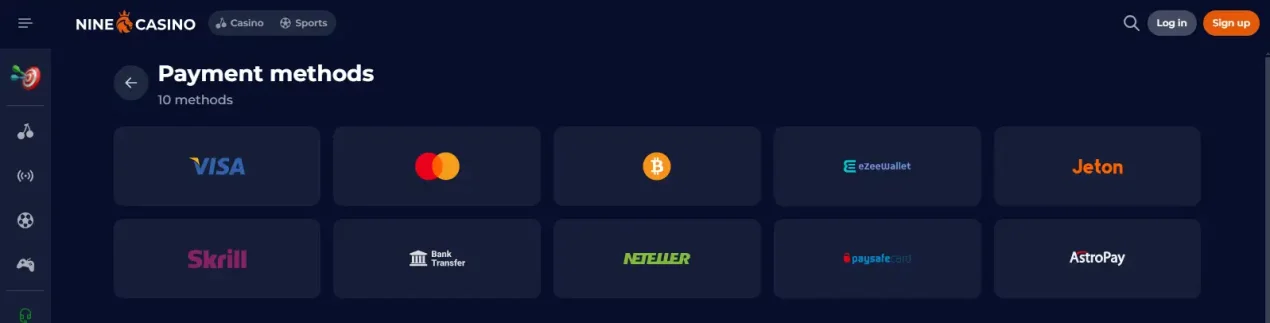 Official NineCasino payment-method page showing Visa, Mastercard, Apple Pay, Google Pay and Crypto