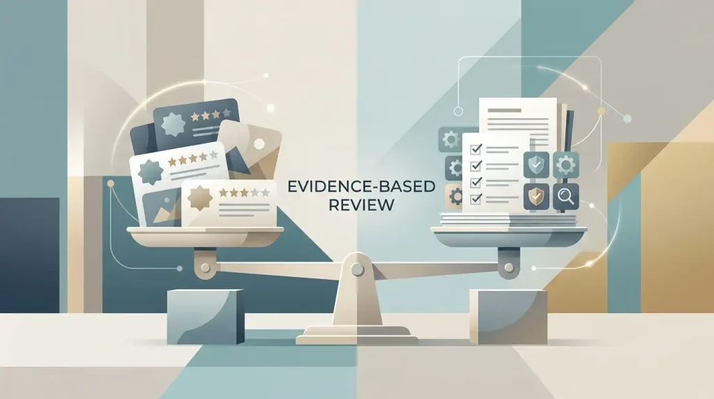 Editorial illustration of review signals being weighed against verified documents and process evidence