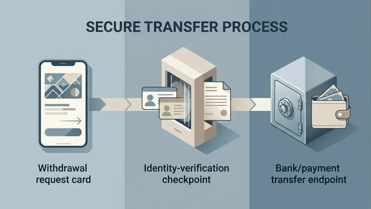 Editorial illustration of a withdrawal timeline with casino processing, verification and payment transfer stages