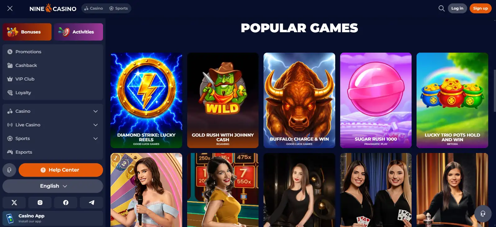 Current NineCasino homepage or public interface showing brand and game categories